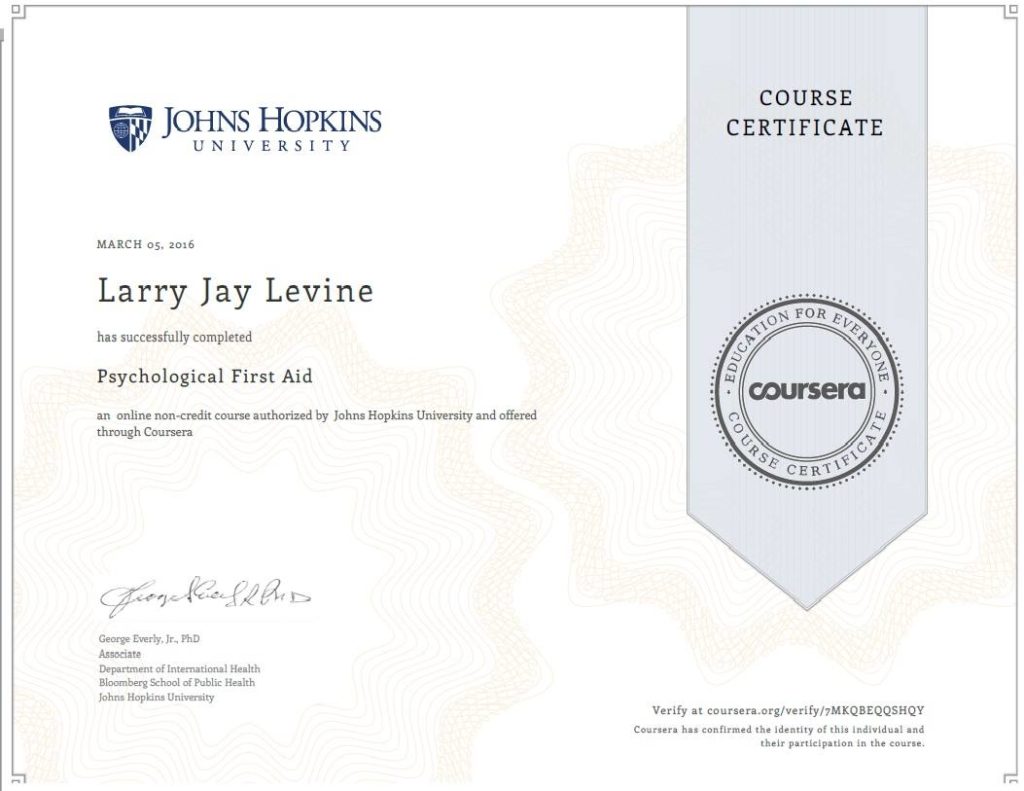 Larry Levine Psychological First Aid Certificate
